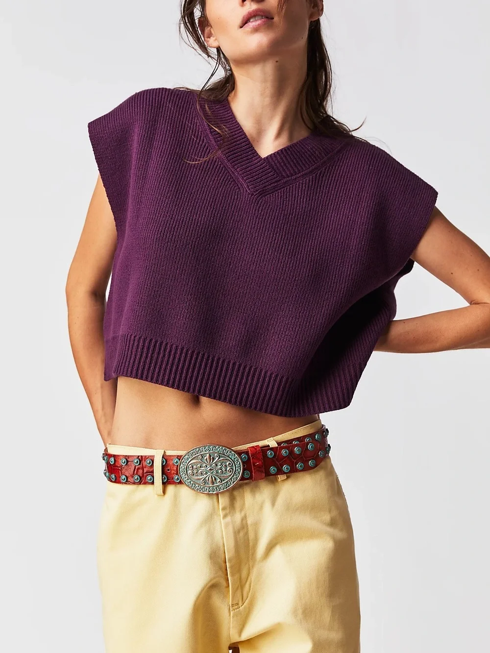Free People Easy Street Cropped V-Neck Oversized Sleeveless Sweater Vest